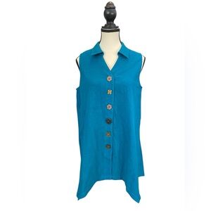 Soft Surroundings Danielle Button Teal Sleeveless Tunic 100% cotton EUC size M